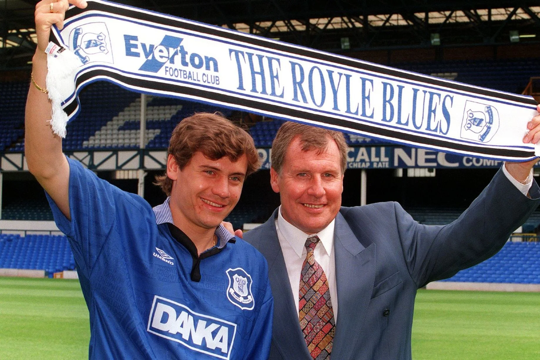 Andrei Kanchelskis with manager Joe Royle at Goodison Park after signing in 1995.
Fee paid £5million (to Manchester United). Value now £104million.