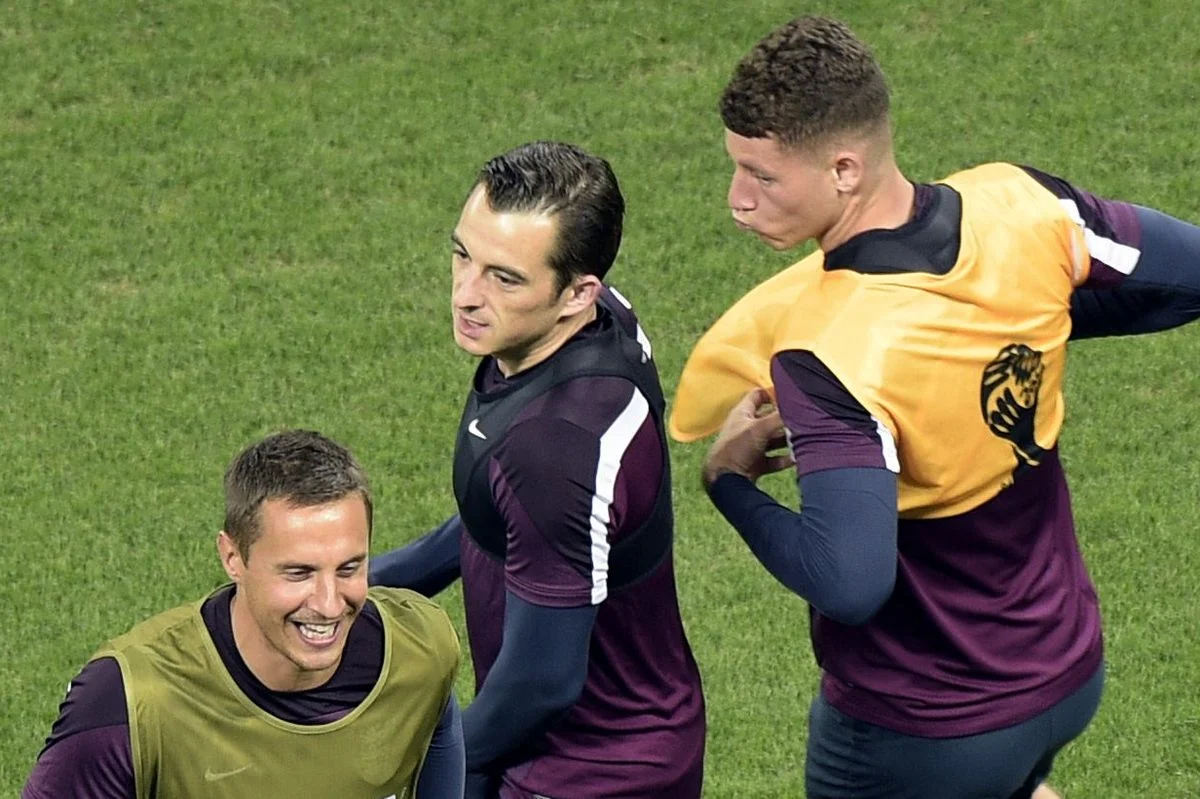 Everton trio Phil Jagielka, Leighton Baines and Ross Barkley train as part of the England squad at the 2014 World Cup in Brazil