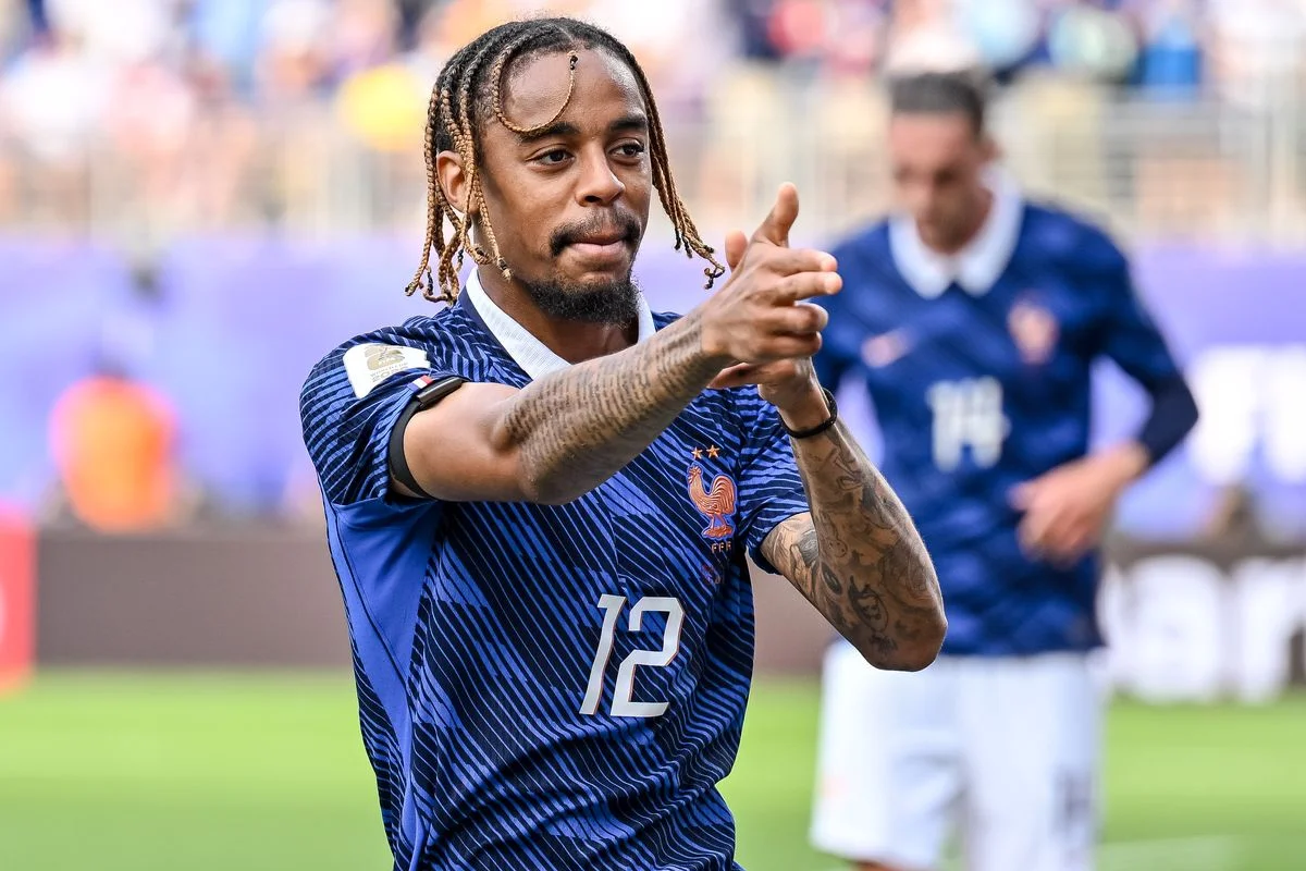 East Rutherford, United States - June 30: Bradley Barcola of France celebrates after scoring his team's second goal during the FIFA World Cup 2026 Round Of 32 match between France and Sweden at New York New Jersey Stadium on June 30, 2026 in East Rutherford, United States. (Photo by Harry Langer/DeFodi Images/DeFodi via Getty Images)