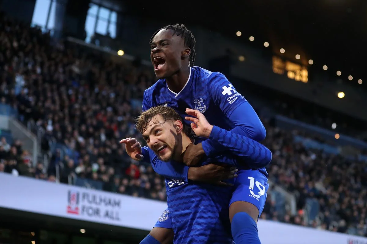 Kiernan Dewsbury-Hall and Tyrique George of Everton celebrate after the winner against Fulham at Craven Cottage. The pair are among several who have moved between Everton and Chelsea over recent seasons. Photo by Izzy Poles - AMA/Getty Images