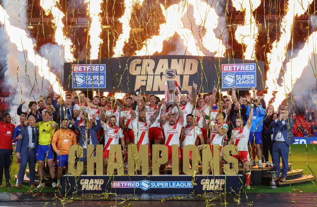 Hull KR with the Super League trophy after their Grand Final over Wigan Warriors at Old Trafford last year